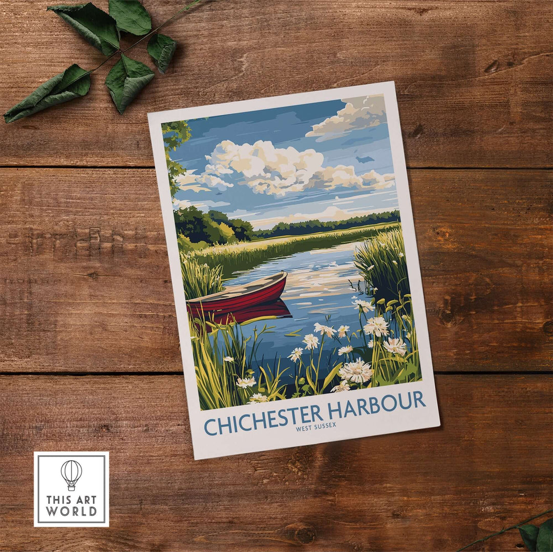 Chichester Harbour poster featuring a tranquil scene with a red boat and lush greenery, ideal for nature lovers.