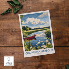 Chichester Harbour Poster featuring a tranquil scene with a red boat and lush greenery in West Sussex.