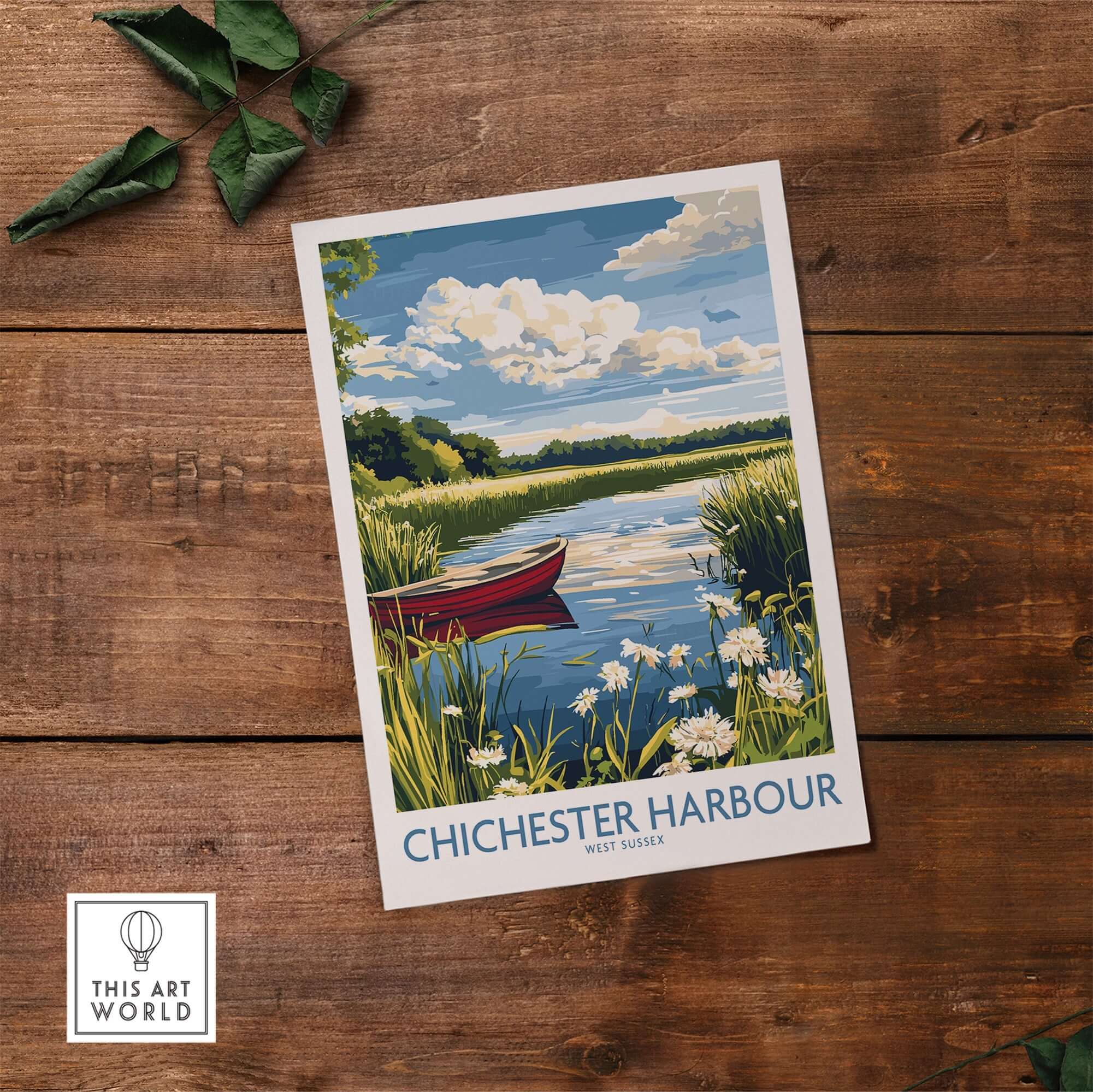 Chichester Harbour Poster featuring a tranquil scene with a red boat and lush greenery in West Sussex.