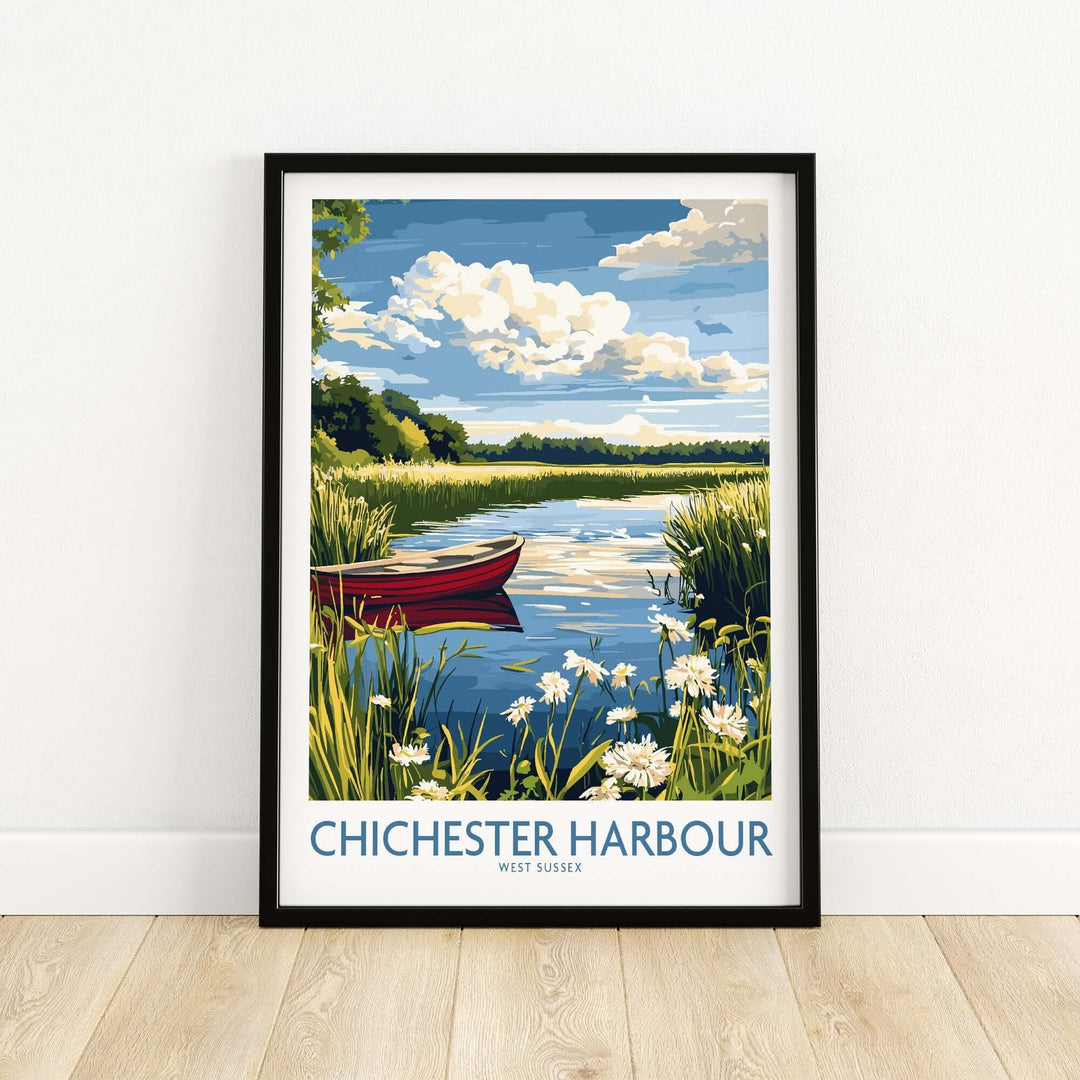 Chichester Harbour poster featuring a tranquil scene with a red boat and lush greenery, perfect for nature lovers.