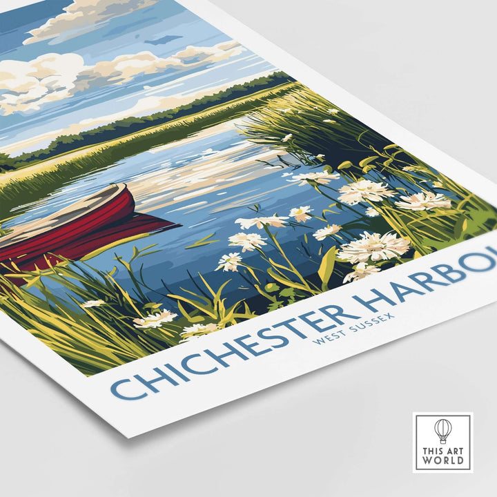 Chichester Harbour poster featuring a red boat on tranquil waters surrounded by greenery and flowers in West Sussex.