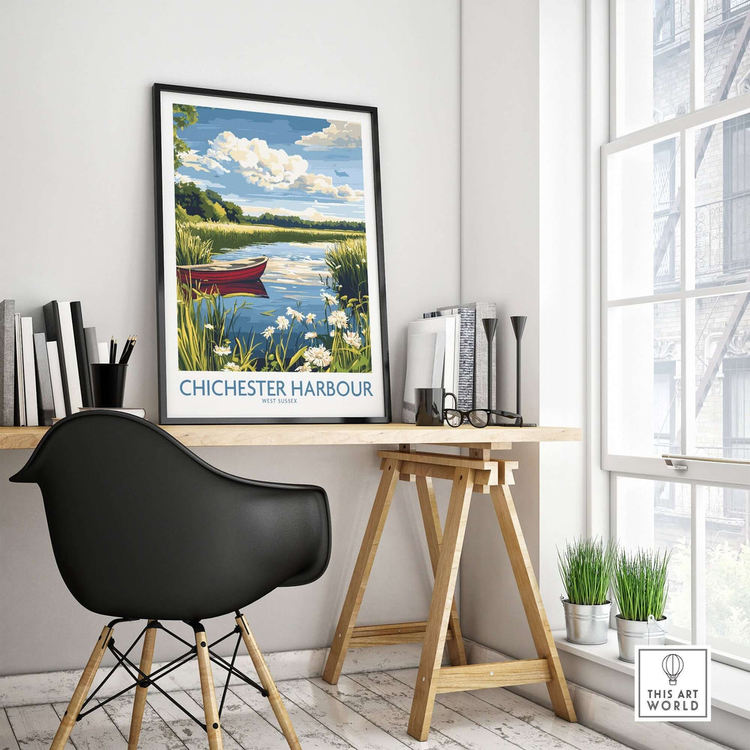 Chichester Harbour poster displayed in a modern home office with stylish furniture and natural light.