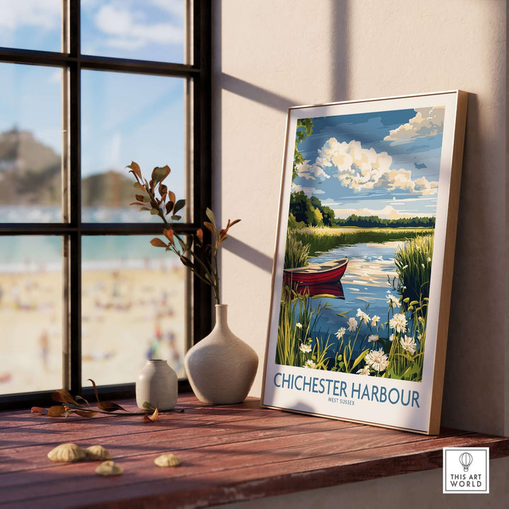 Chichester Harbour poster displayed by a window, showcasing tranquil waters and lush greenery in a serene setting.