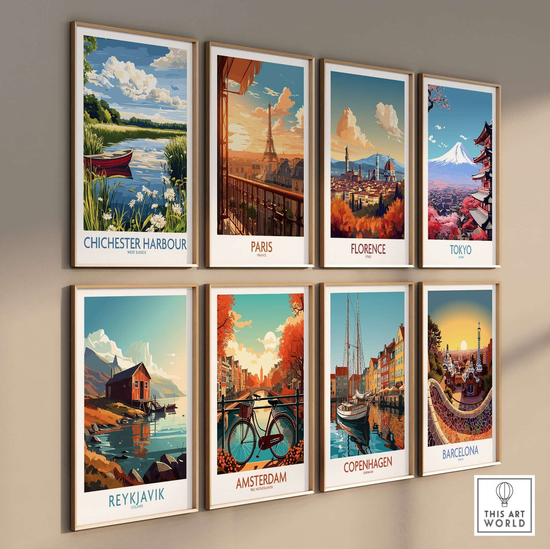 Collection of stylish travel posters showcasing Chichester Harbour, Paris, Florence, Tokyo, Reykjavik, Amsterdam, Copenhagen, and Barcelona.