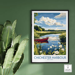 Chichester Harbour Poster featuring a serene landscape with a boat and flowers, ideal for nature lovers.