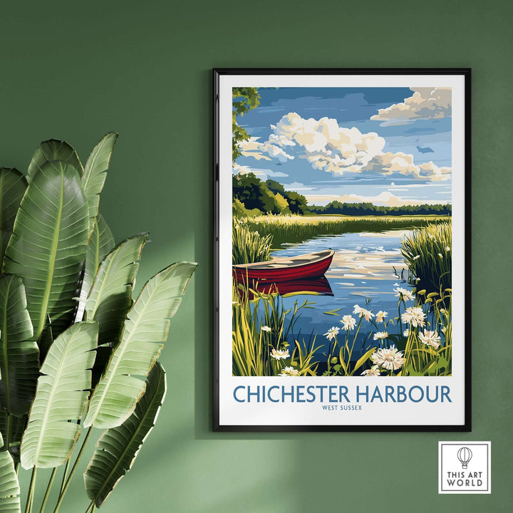 Chichester Harbour poster featuring a serene landscape with a red boat, blue skies, and lush greenery on a green wall.