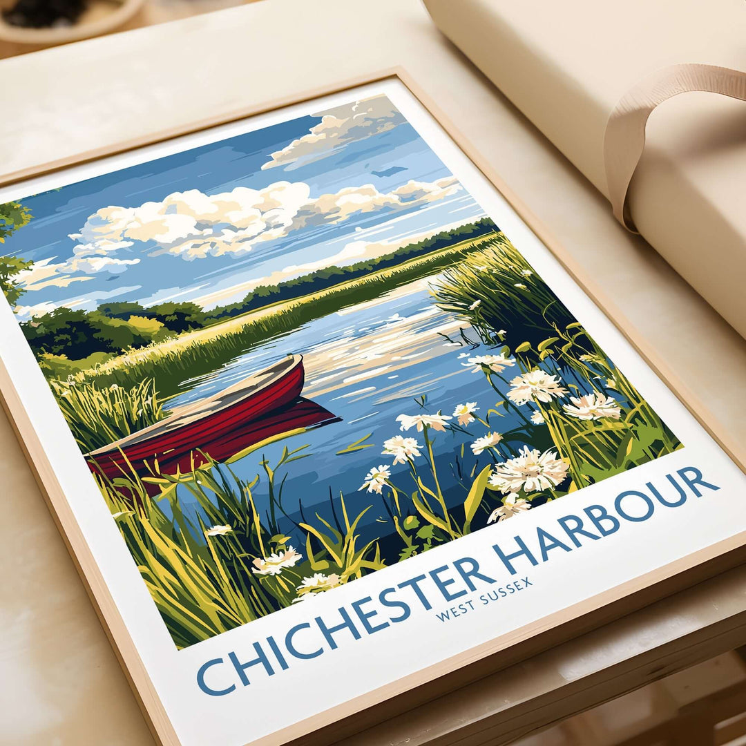 Chichester Harbour poster featuring a red boat on serene waters surrounded by lush greenery and flowers in West Sussex.