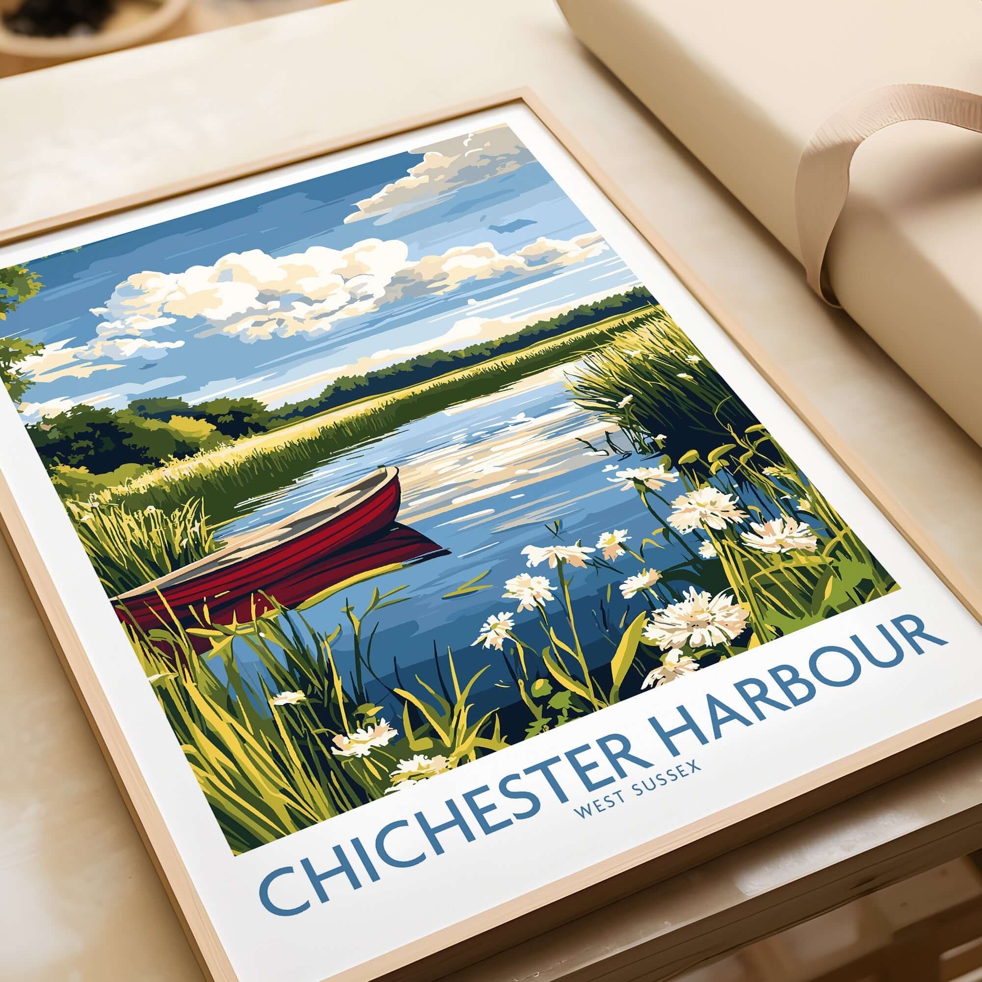 Chichester Harbour Poster featuring a serene landscape with a red boat on tranquil waters and beautiful flowers.