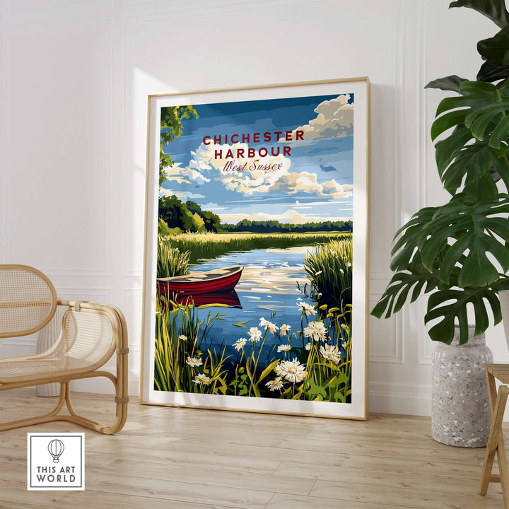 Chichester Harbour print featuring a serene coastal landscape with a red boat and lush greenery in a stylish interior setting.