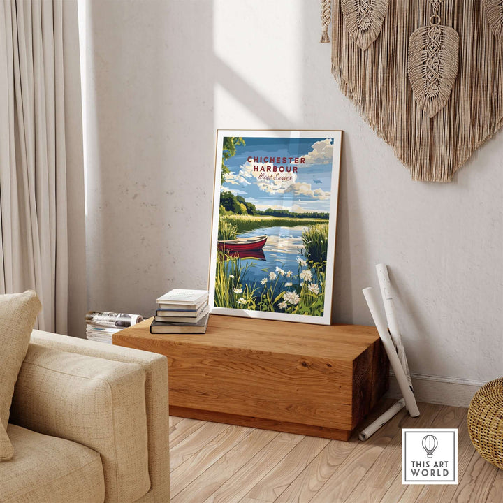 Chichester Harbour print showcasing serene coastal landscape with a red boat, perfect for nature lovers' home decor.