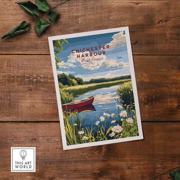 Chichester Harbour print featuring a serene landscape with a red boat and blooming flowers, perfect for coastal decor lovers.