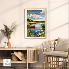 Chichester Harbour Print showcasing a tranquil landscape with a boat and lush greenery in a cozy setting.