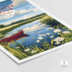 Chichester Harbour Print featuring a serene landscape with a red boat, water reflection, and wildflowers.