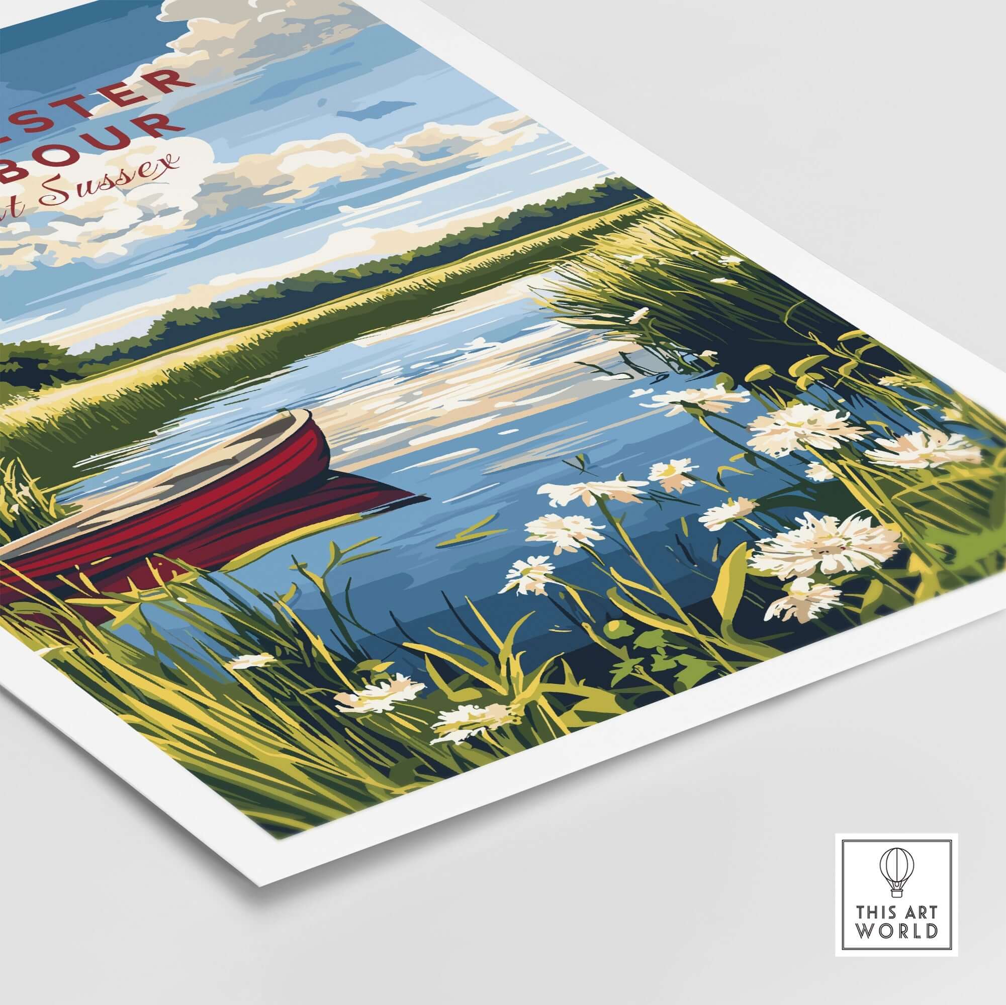 Chichester Harbour Print featuring a serene landscape with a red boat, water reflection, and wildflowers.
