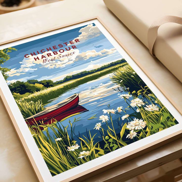 Chichester Harbour print showcasing a serene coastal landscape with a red boat, surrounded by lush greenery and flowers.