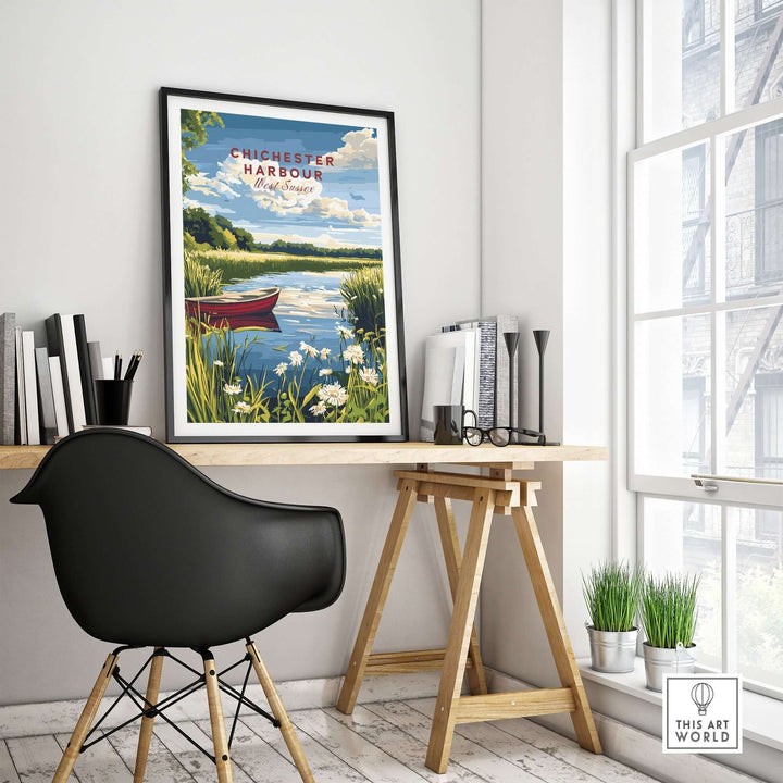 Chichester Harbour print displayed in a stylish home office, showcasing serene coastal landscape and tranquil nature scene.