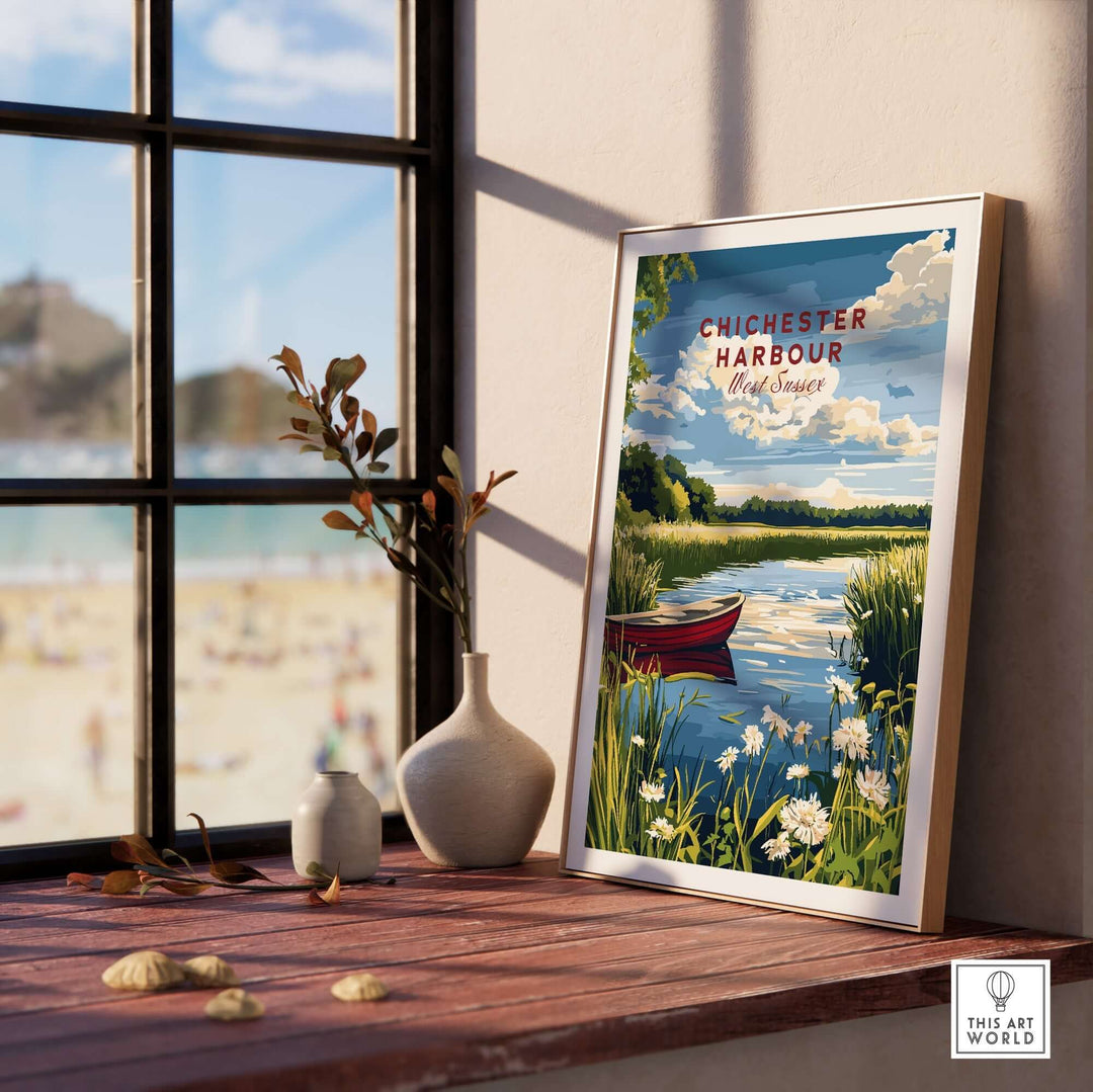 Chichester Harbour print showcasing a scenic coastal landscape with a red boat and lush greenery by a sunlit window.