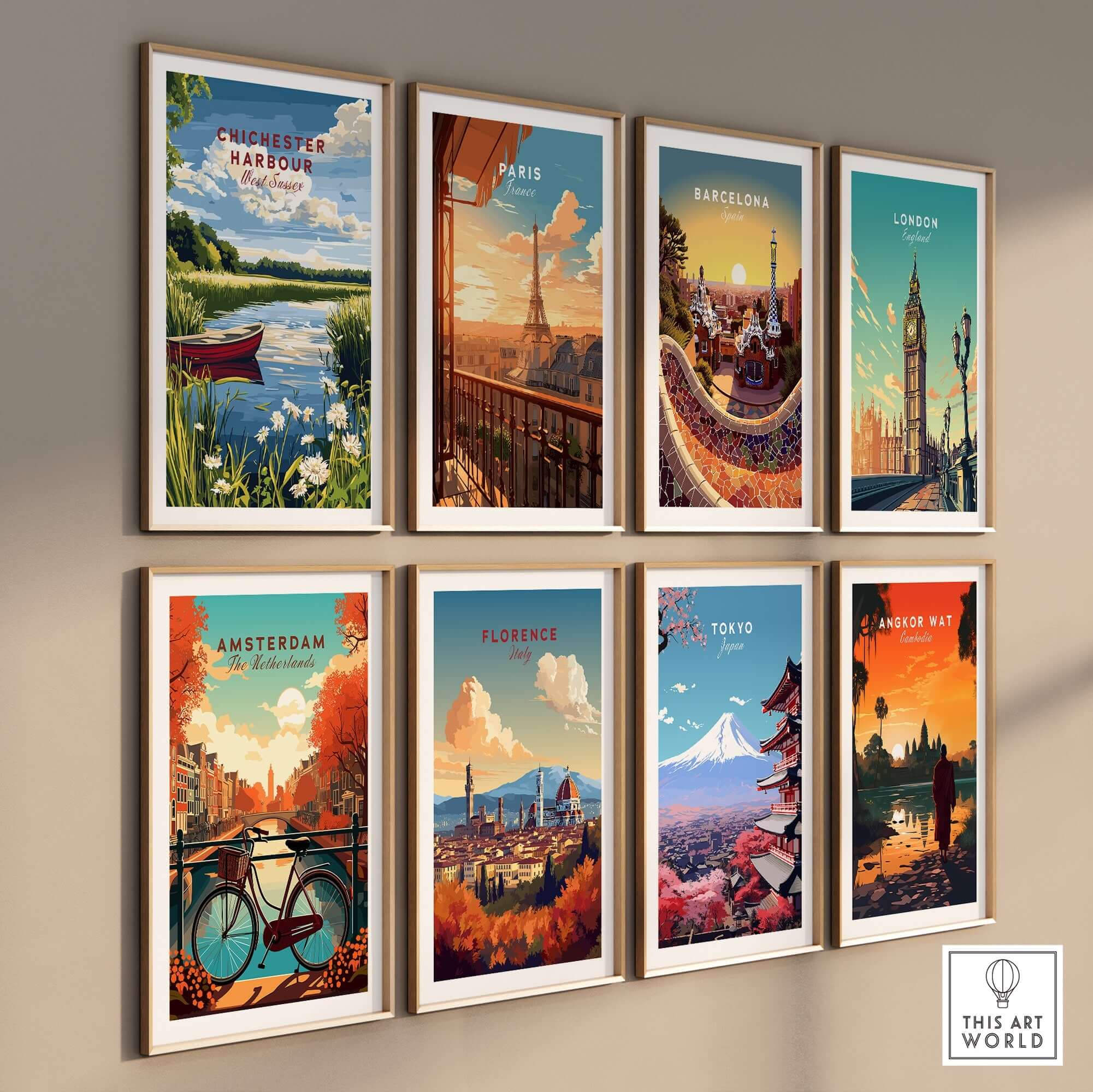 Chichester Harbour Print and various city prints showcased on a wall, perfect for art lovers.