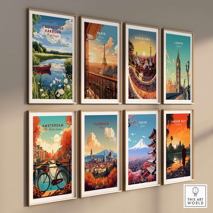 Collection of iconic city prints including Chichester Harbour, Paris, and Tokyo displayed in stylish frames.