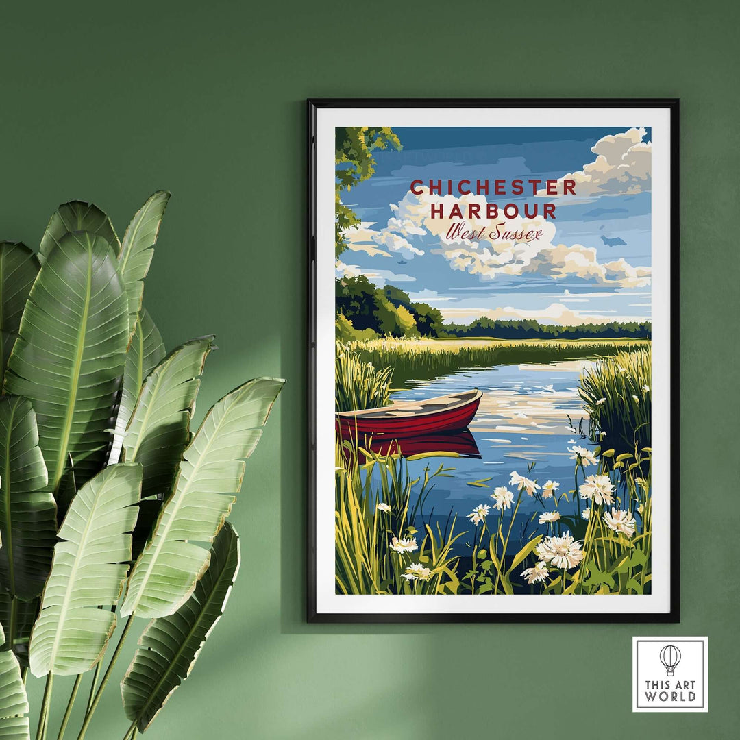 Chichester Harbour print showcasing a serene coastal landscape with a red boat and lush greenery in a stylish frame.