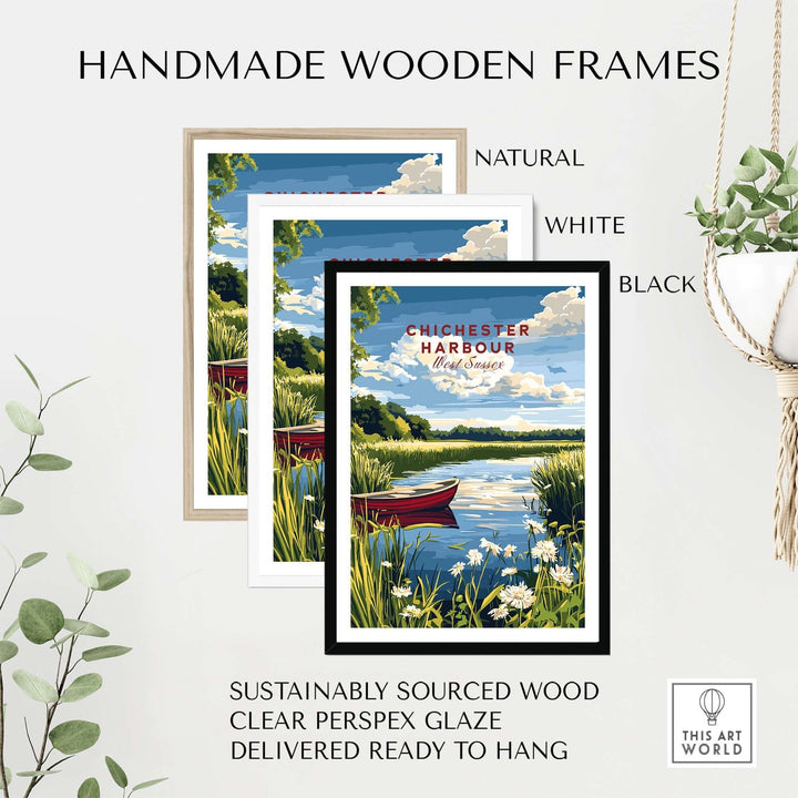 Handmade wooden frames in natural, white, and black for Chichester Harbour print, featuring sustainable wood and clear glaze.