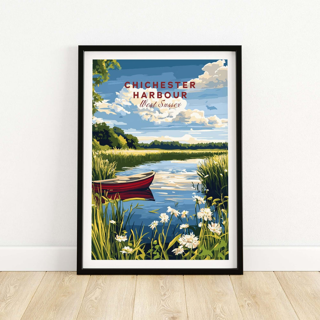 Chichester Harbour print showcasing a serene landscape with a red boat, flowers, and vibrant blue skies. Perfect for coastal decor.