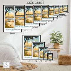 Size guide for Chichester Harbour Travel Poster showing various frame sizes and coastal artwork