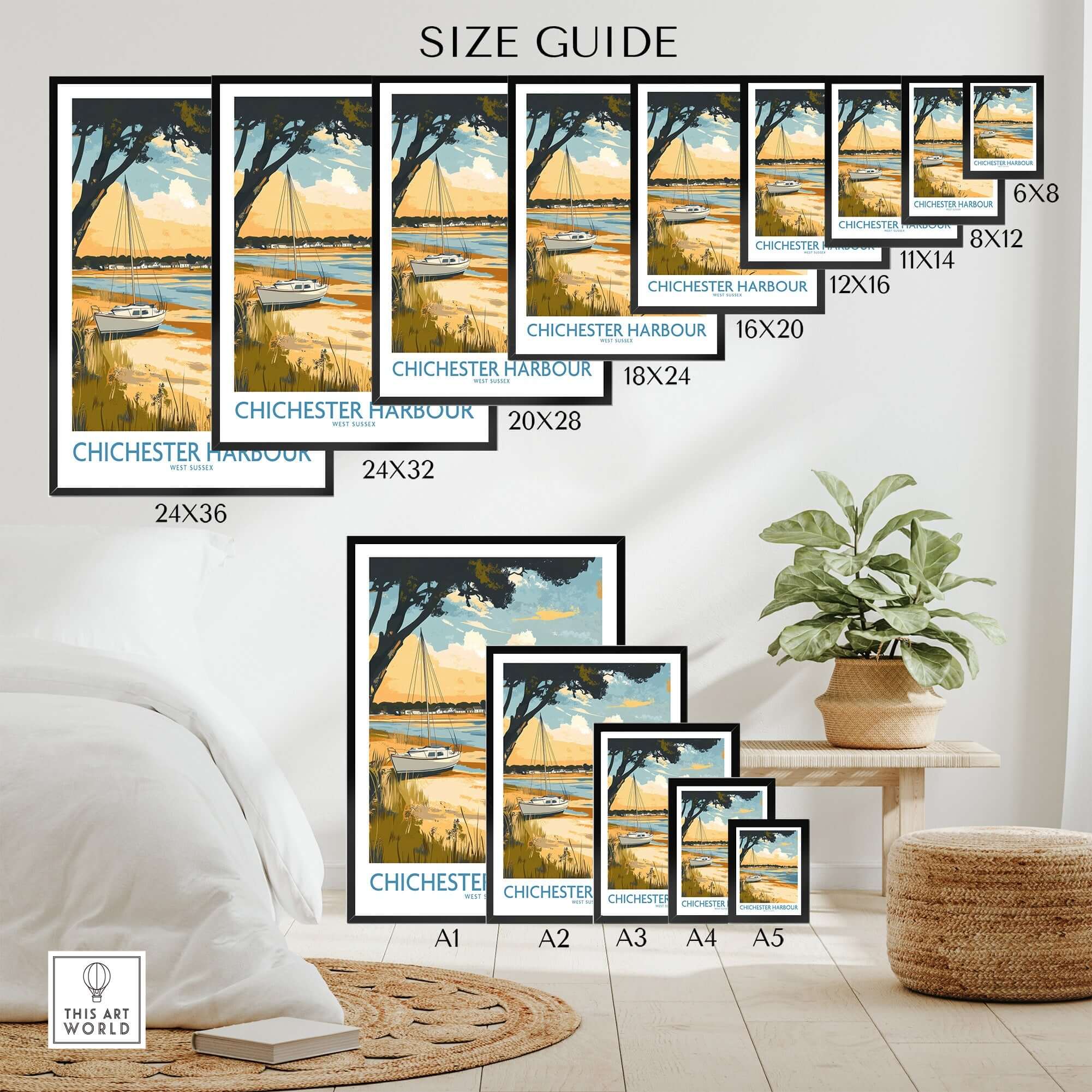 Size guide for Chichester Harbour Travel Poster showing various frame sizes and coastal artwork