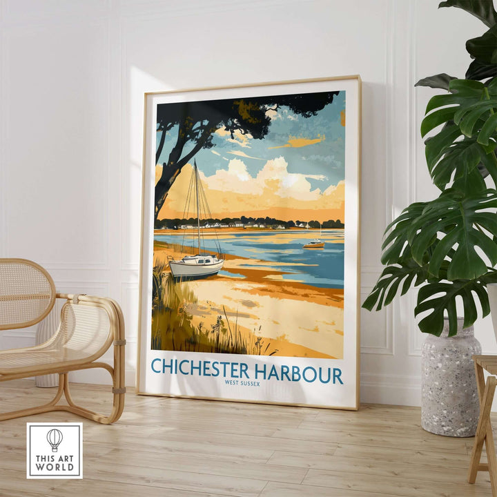 Chichester Harbour travel poster showcasing vibrant coastal scenery and a boat, perfect for home decor.