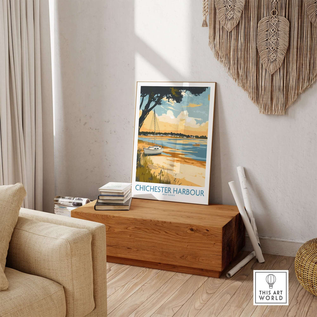 Chichester Harbour travel poster displayed in a cozy living space, highlighting coastal scenery and vibrant colors.