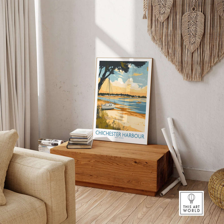 Chichester Harbour travel poster displayed in a cozy living space, highlighting coastal scenery and vibrant colors.