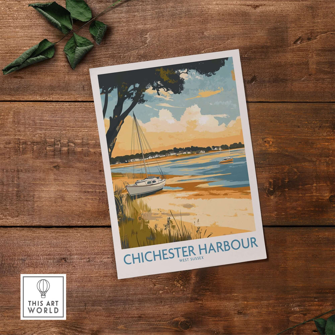 Chichester Harbour travel poster showcasing a scenic coastal view with boats and trees, perfect for home decor.