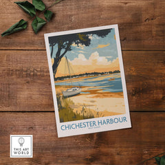 Chichester Harbour Travel Poster showcasing coastal scenery and boats in vibrant colors.