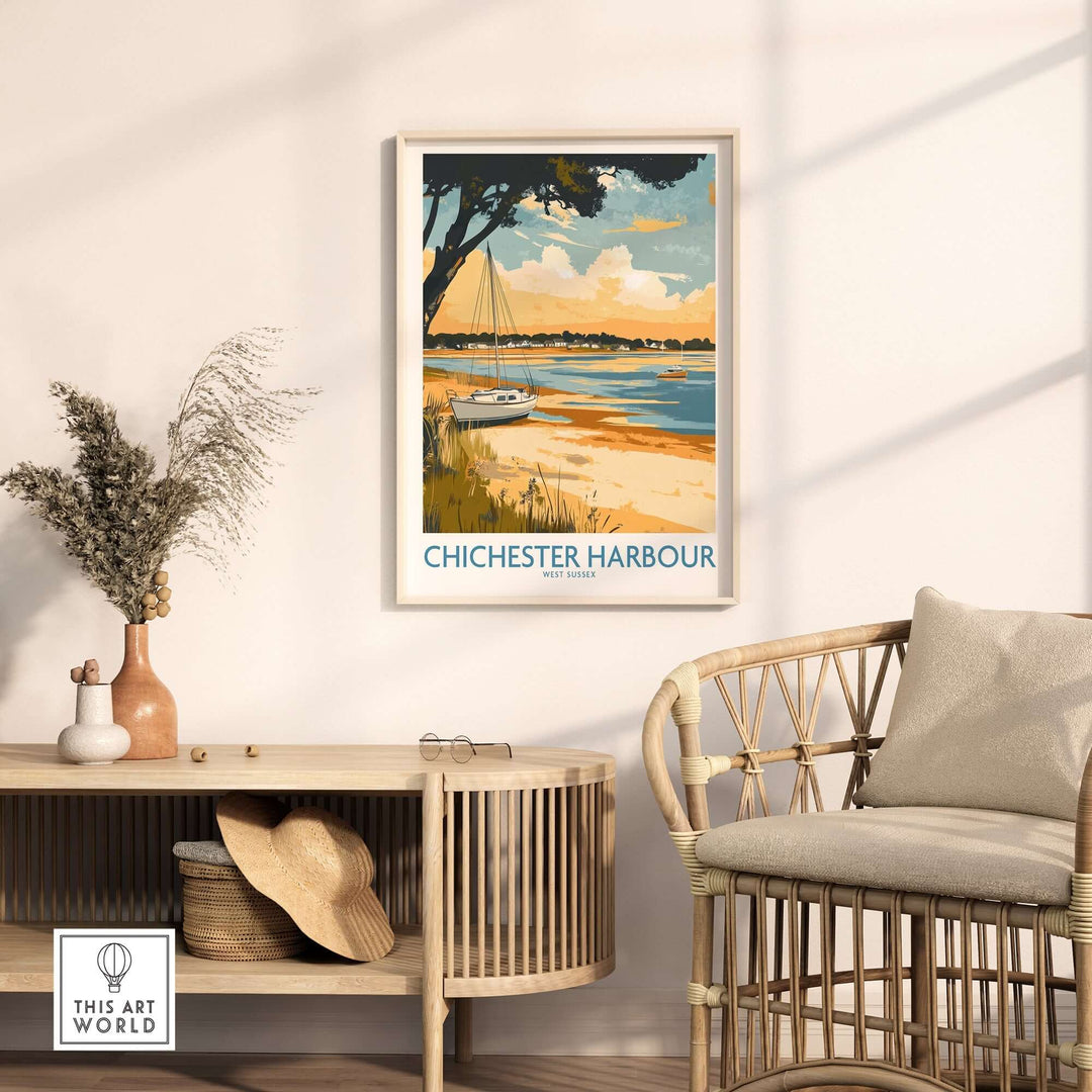 Chichester Harbour travel poster depicting a serene coastal scene with a sailboat and beach setting in a stylish interior.