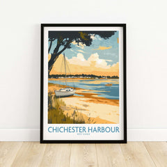 Chichester Harbour Travel Poster featuring a serene coastal scene with a sailboat and vibrant colors.