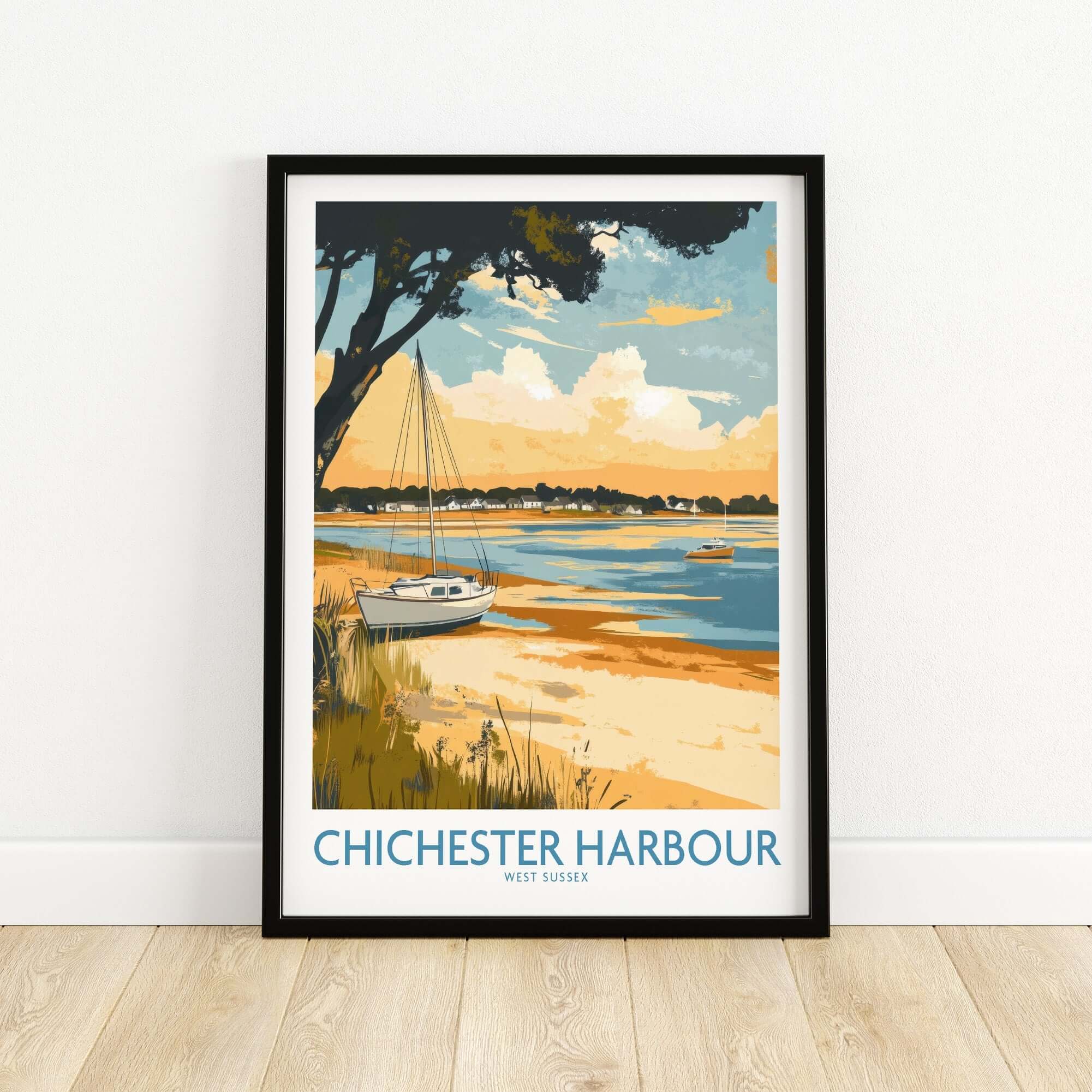 Chichester Harbour Travel Poster featuring a serene coastal scene with a sailboat and vibrant colors.