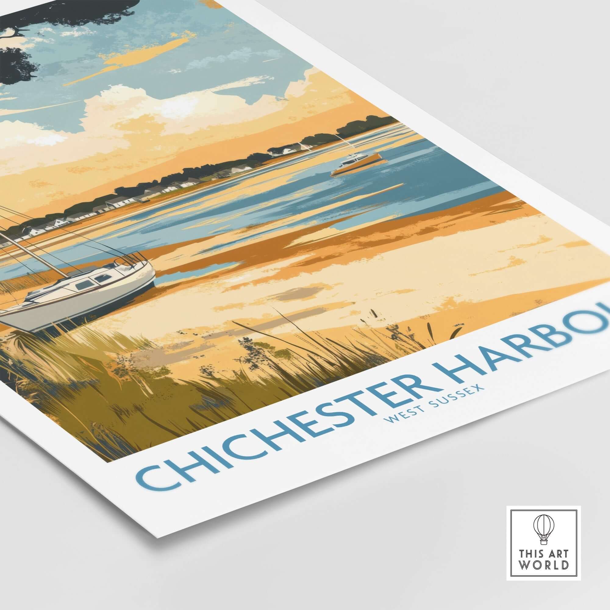 Chichester Harbour Travel Poster showcasing a serene coastal scene with boats and vibrant colors.