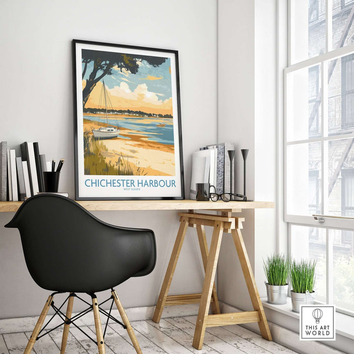 Chichester Harbour travel poster displayed in a modern office setting, showcasing coastal scenery and vibrant colors.