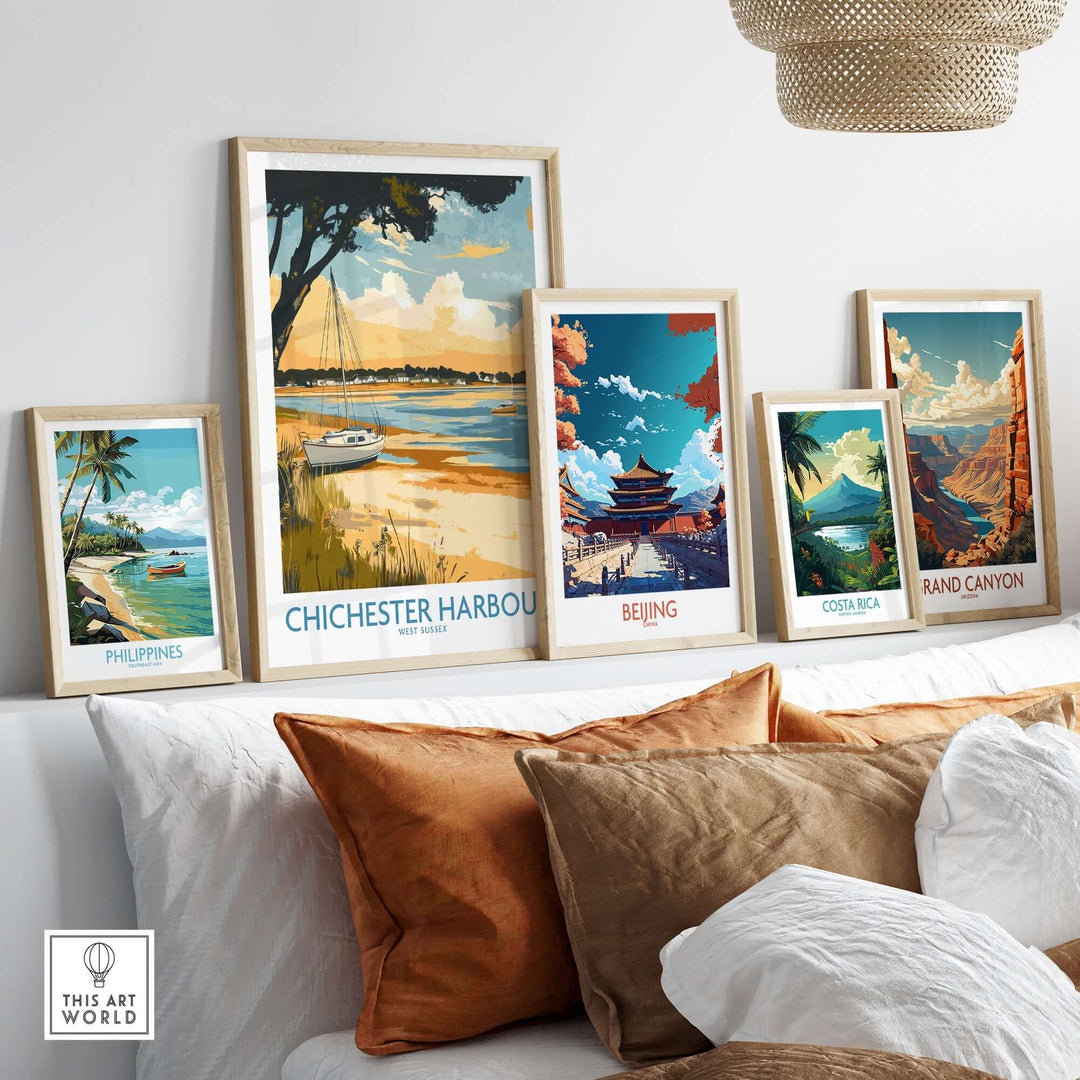 Chichester Harbour travel poster displayed among framed travel posters of Philippines, Beijing, Costa Rica, and Grand Canyon.