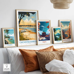 Chichester Harbour Travel Poster displayed among framed travel posters in a stylish home decor setting.