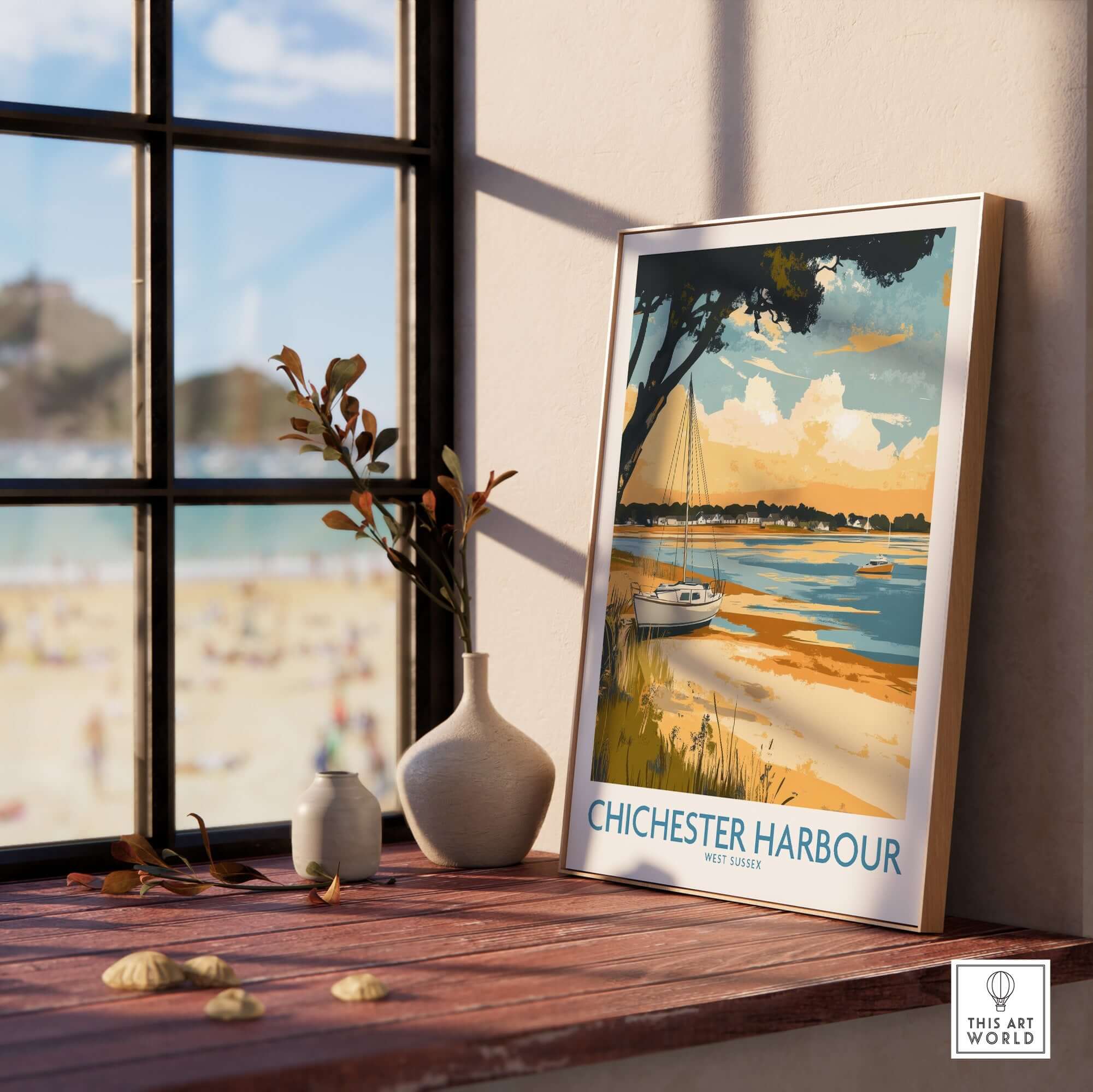 Chichester Harbour Travel Poster displayed near a window, showcasing vibrant coastal scenery and boats.