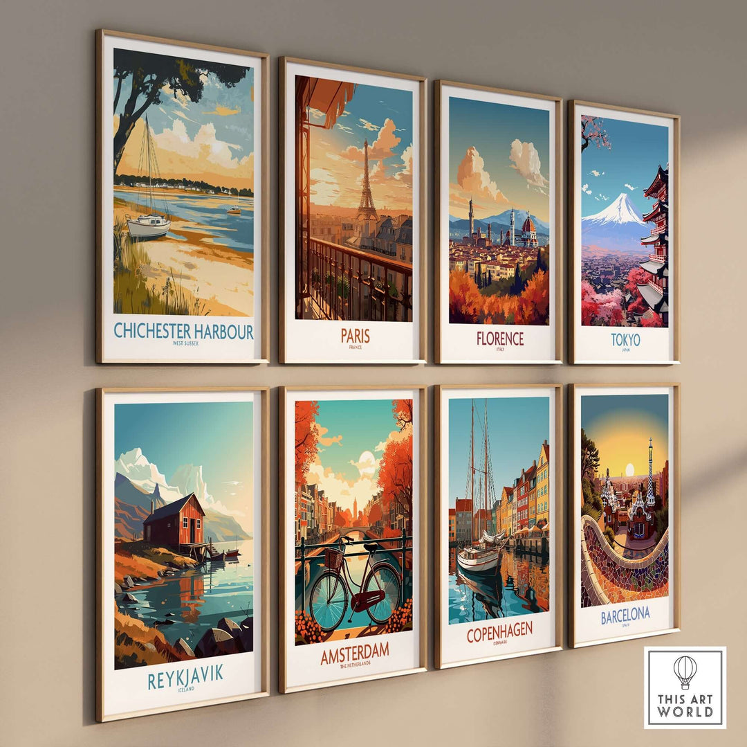 Chichester Harbour travel poster among vibrant city posters including Paris, Florence, Tokyo, and Barcelona, showcasing travel destinations.