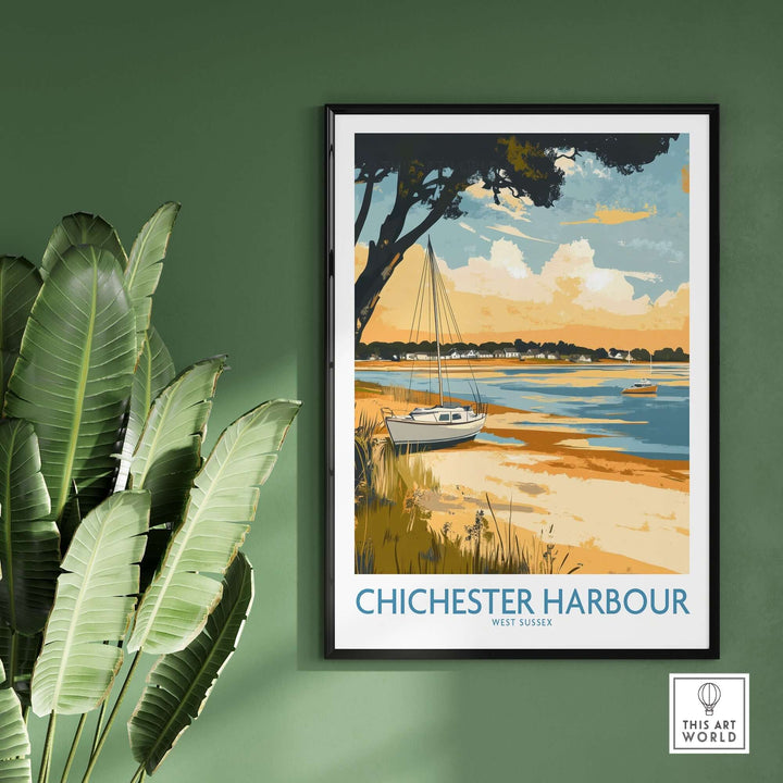 Chichester Harbour travel poster featuring a serene coastal scene with a boat, framed and displayed in a stylish interior.