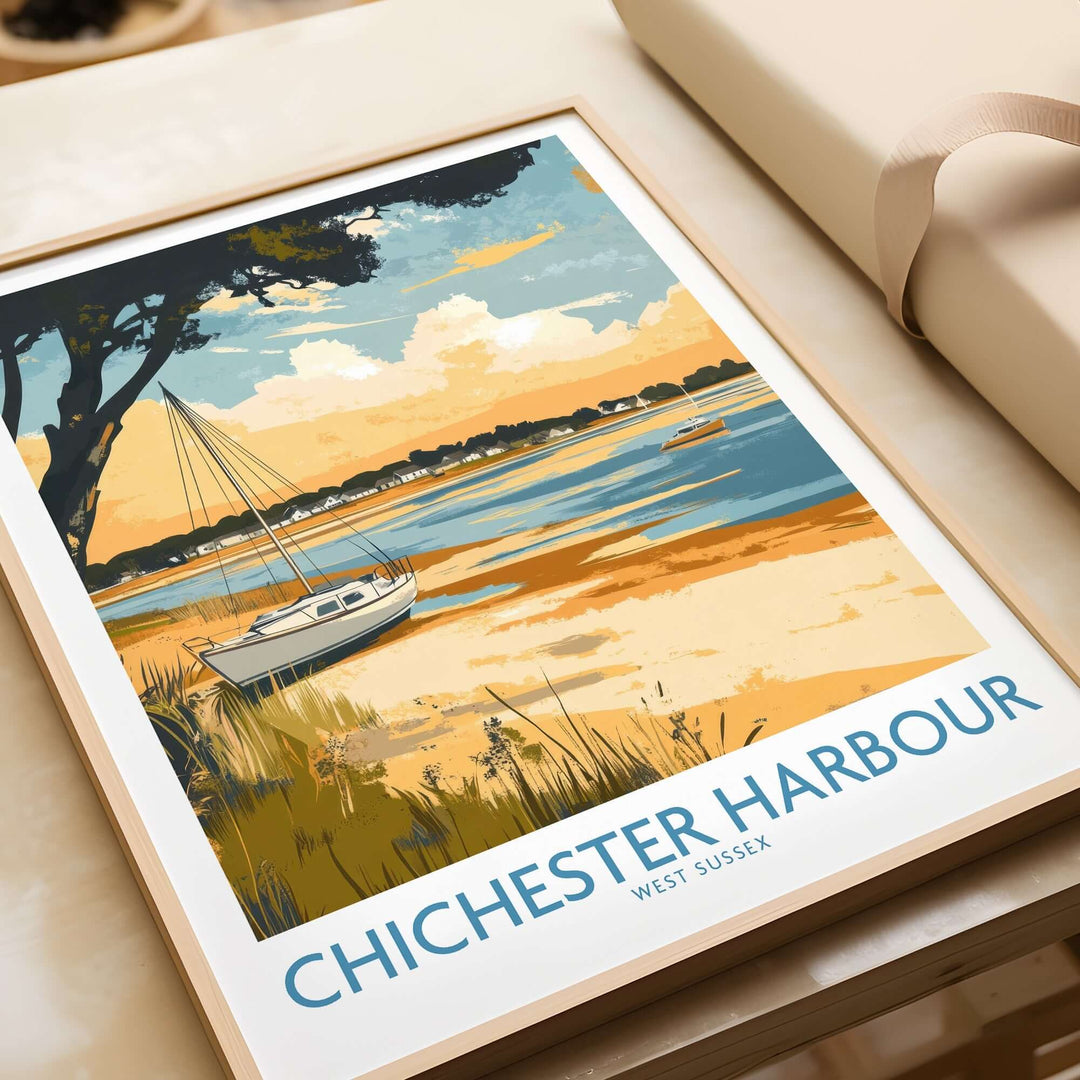 Chichester Harbour travel poster featuring a serene landscape with a sailboat, perfect for home or office decor.