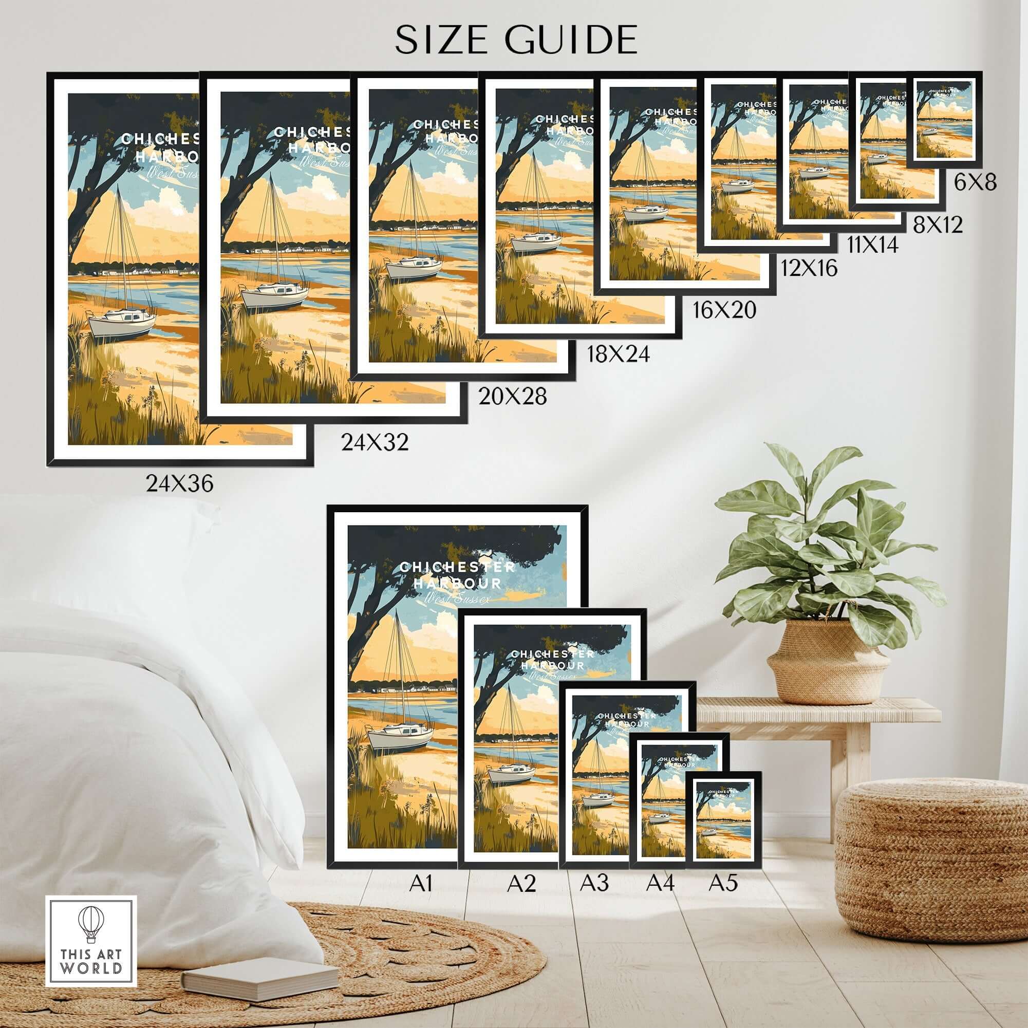 Chichester Harbour Travel Print size guide showing various frame sizes and placement in a cozy room.