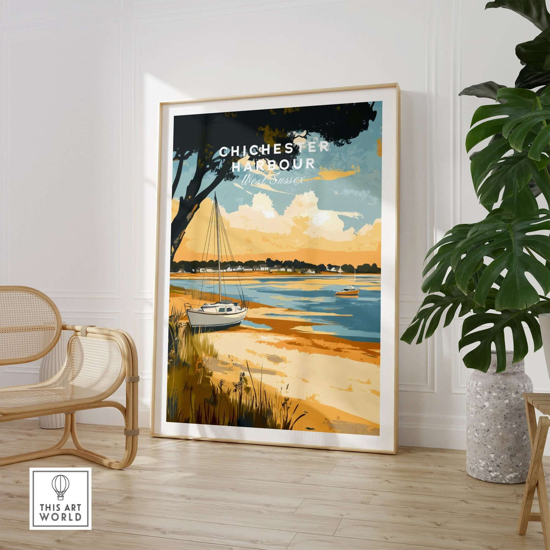 Chichester Harbour travel print featuring a serene landscape with a sailboat and vibrant colors in a stylish interior setting.