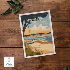 Chichester Harbour Travel Print showcasing a serene landscape with a sailboat at the shore and vibrant colors.