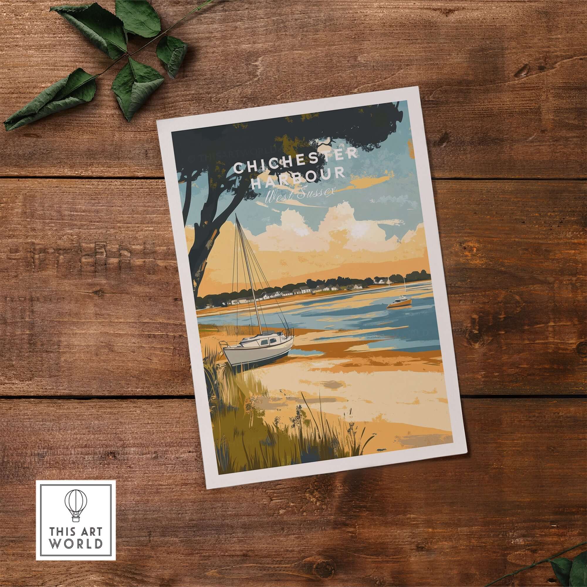 Chichester Harbour Travel Print showcasing a serene landscape with a sailboat at the shore and vibrant colors.