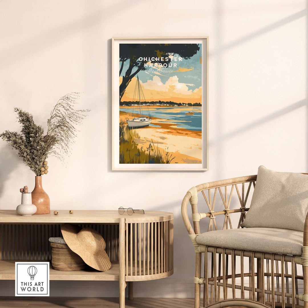 Chichester Harbour travel print displayed in a cozy living room, showcasing vibrant colors and serene coastal scenery.