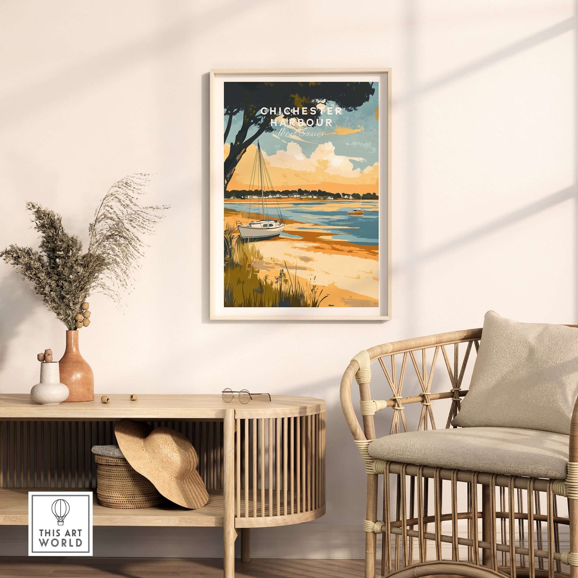 Chichester Harbour Travel Print showcasing a serene seaside landscape with a boat and vibrant colors.